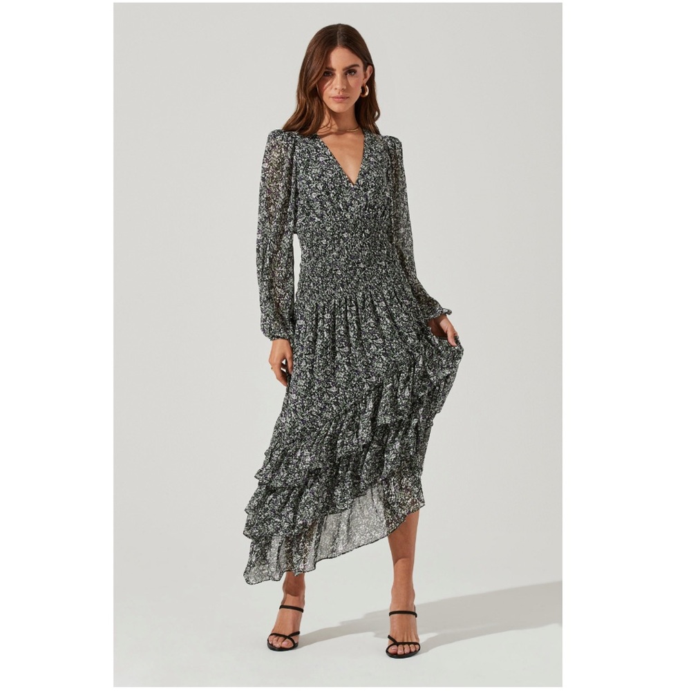 ASTR the Label Asymmetric Ruffle Long Sleeve Midi Dress